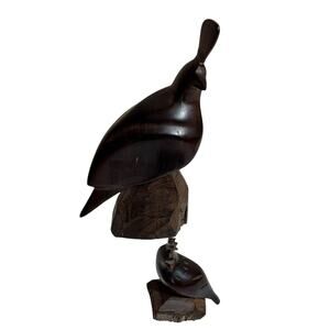 Vintage Set of 2 Quail Bird Figurines Brown Hand Carved Wood Decorative Statue